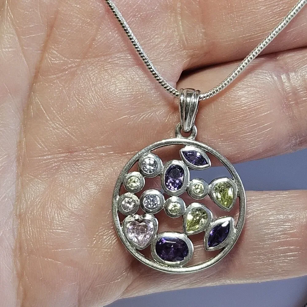 Sterling Silver Multicolored Rhinestone Round Pendant Necklace 20